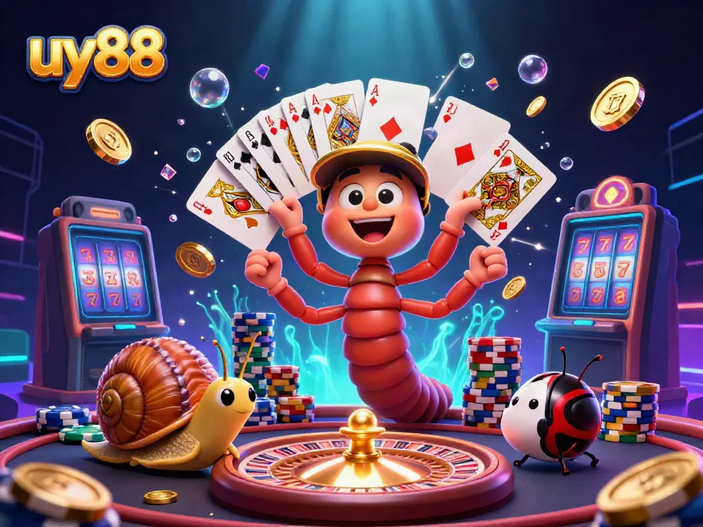 Engaging scene of uy88 featuring a dynamic cartoon casino atmosphere with colorful characters and casino elements.