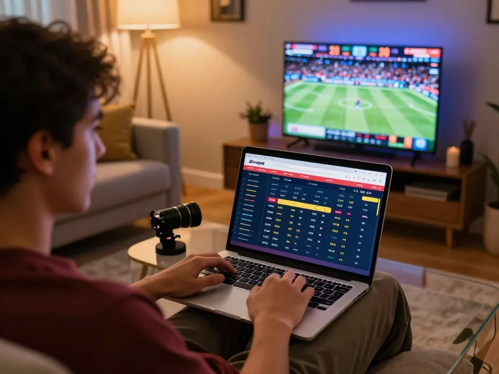 Person placing bets on Nowgoal live sports platform in a cozy home environment