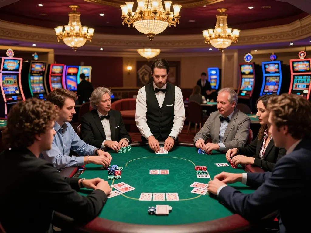Players engaging in a thrilling poker game at an upscale casino while enjoying the sunwin entertainment experience.