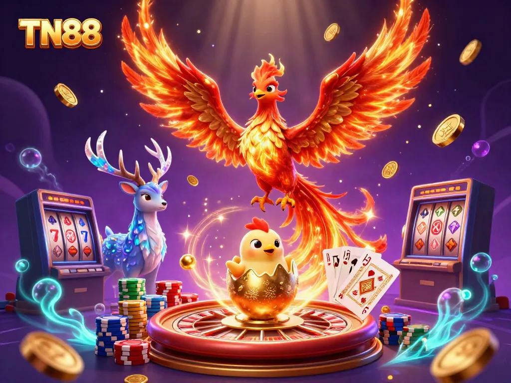 Experience the thrill of TN88 casino with dynamic games, golden coins, and vibrant designs.