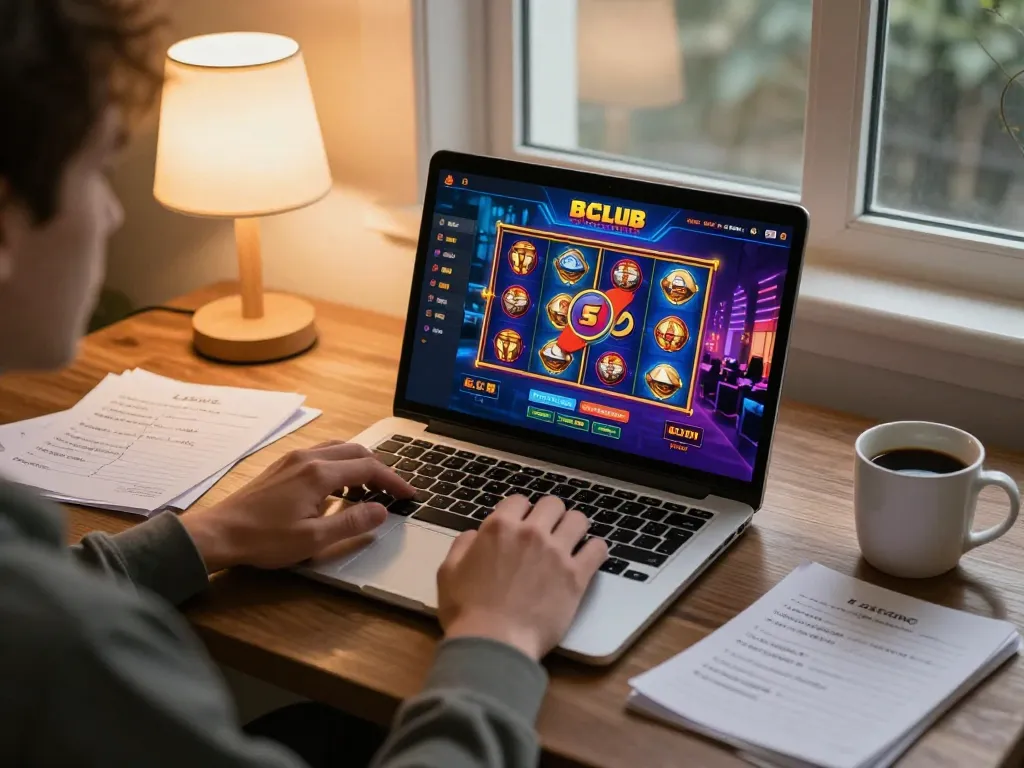 B52 club player engaging with online slots on a cozy home desk.
