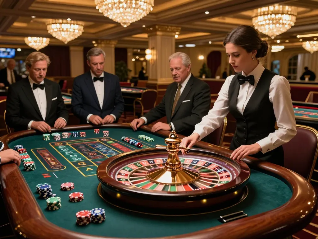 Max 79 players eagerly betting at a vibrant roulette table in an upscale casino.