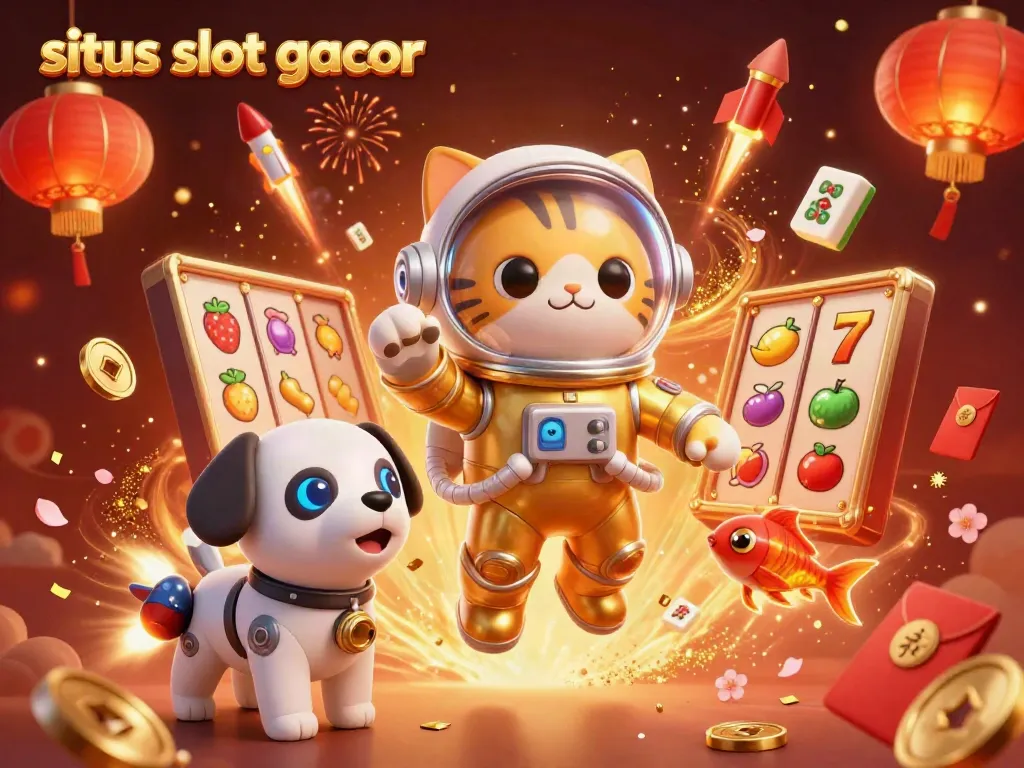 Immerse in situs slot gacor excitement with a vibrant 3D scene featuring a golden astronaut cat and slot game elements.