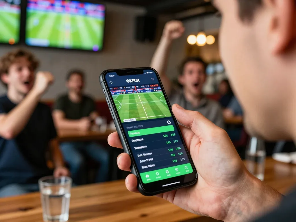 Player engaging with the OKFUN app for live sports betting excitement in a vibrant sports bar