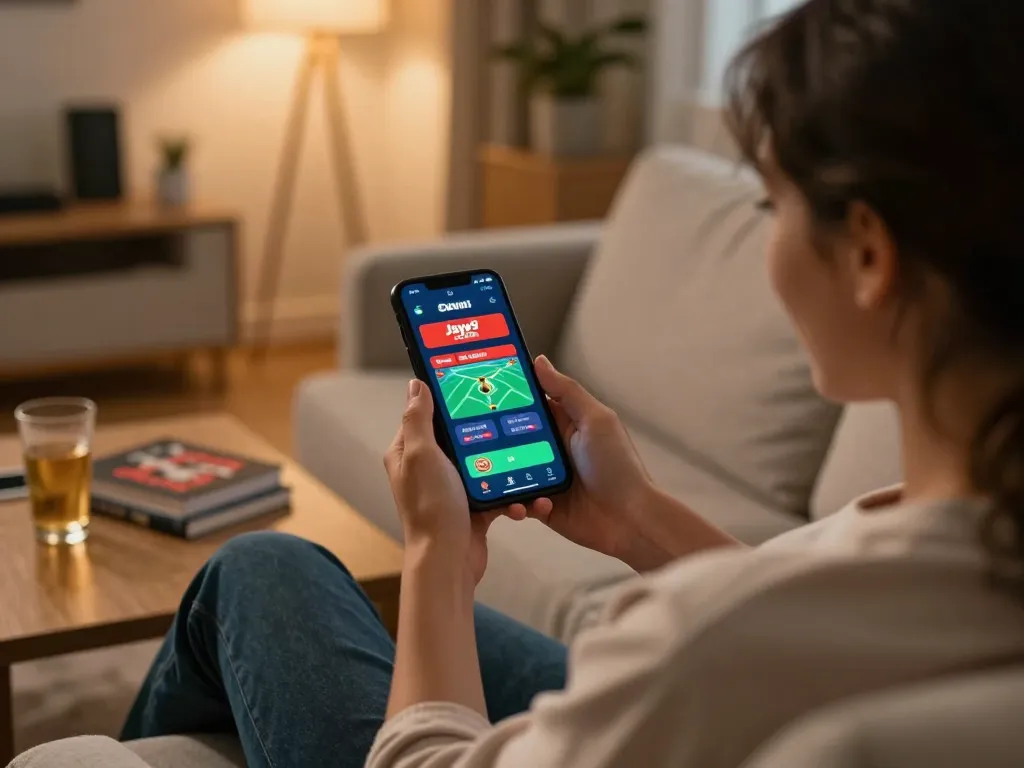 Engaging moment at Jaya9 Casino app as player places sports bets on smartphone in cozy living room.