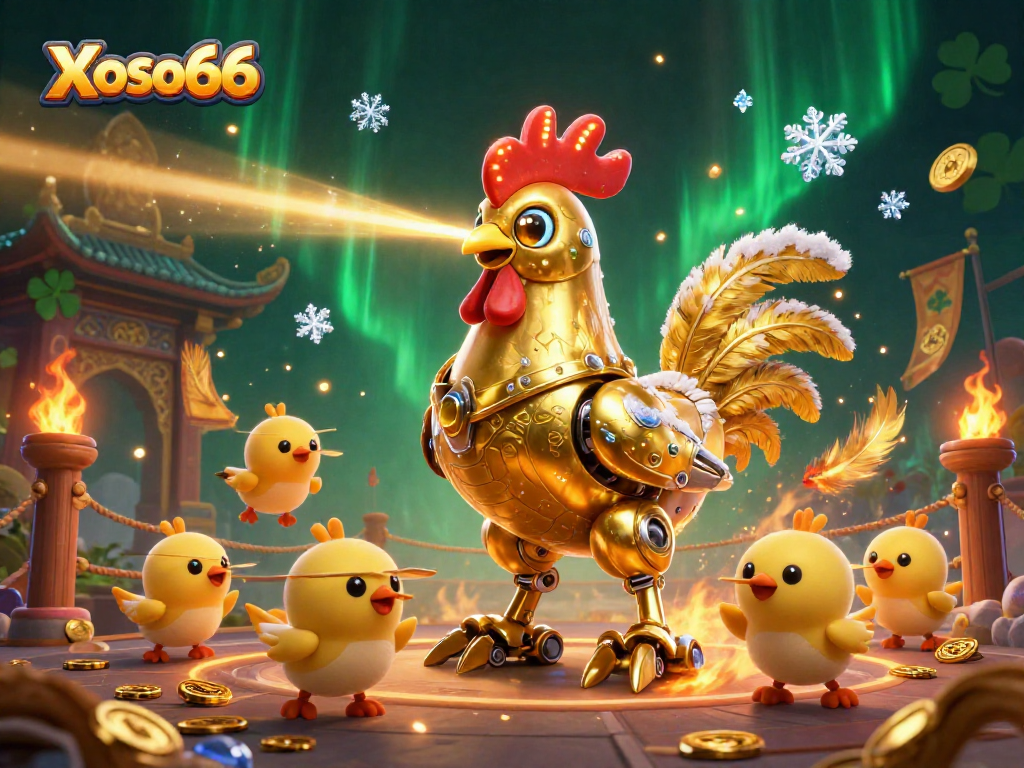 Experience thrilling gameplay at Xoso66 with a vibrant 3D illustration showcasing a robotic rooster and chick drones in action.