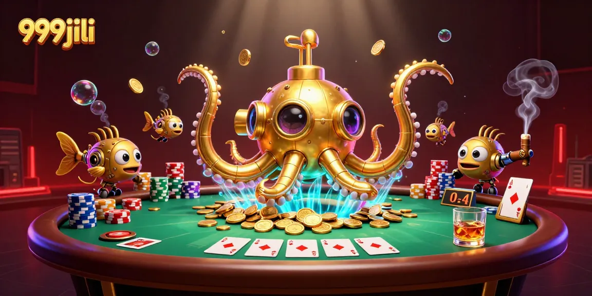 Win big with 999jili in this vibrant underwater poker scene featuring golden kraken and mechanical fish.