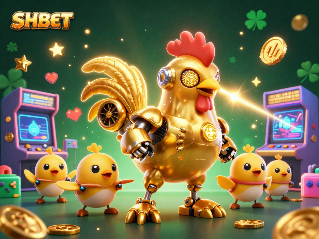 Engage with SHBET's vibrant gambling world featuring a golden rooster robot and interactive game elements.