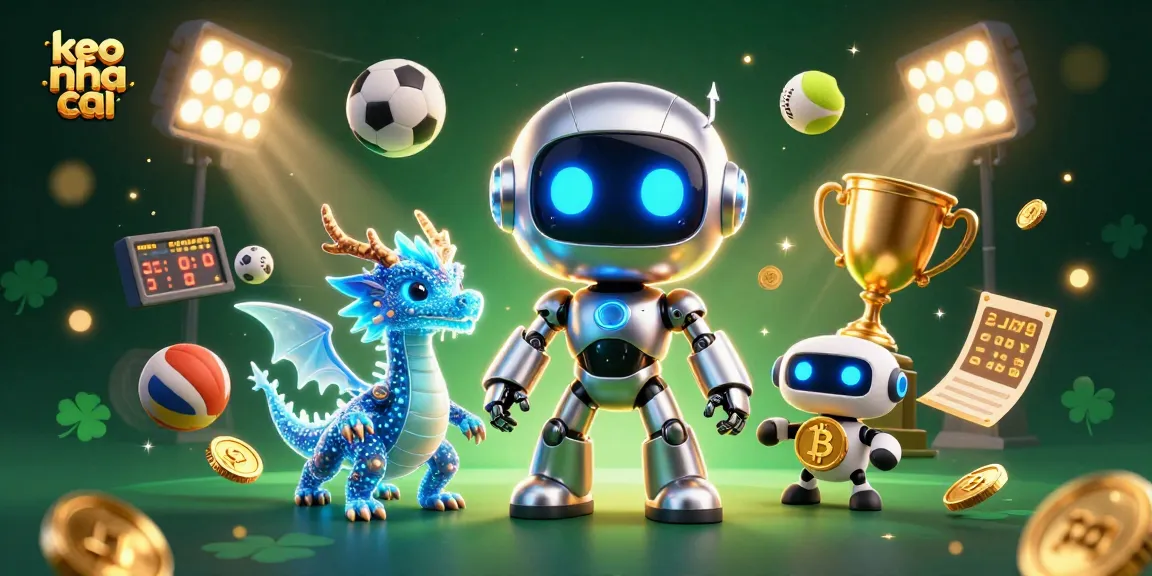 Engage with keo nha cai sports betting strategies featuring a neon-lit robot and dynamic sports elements.