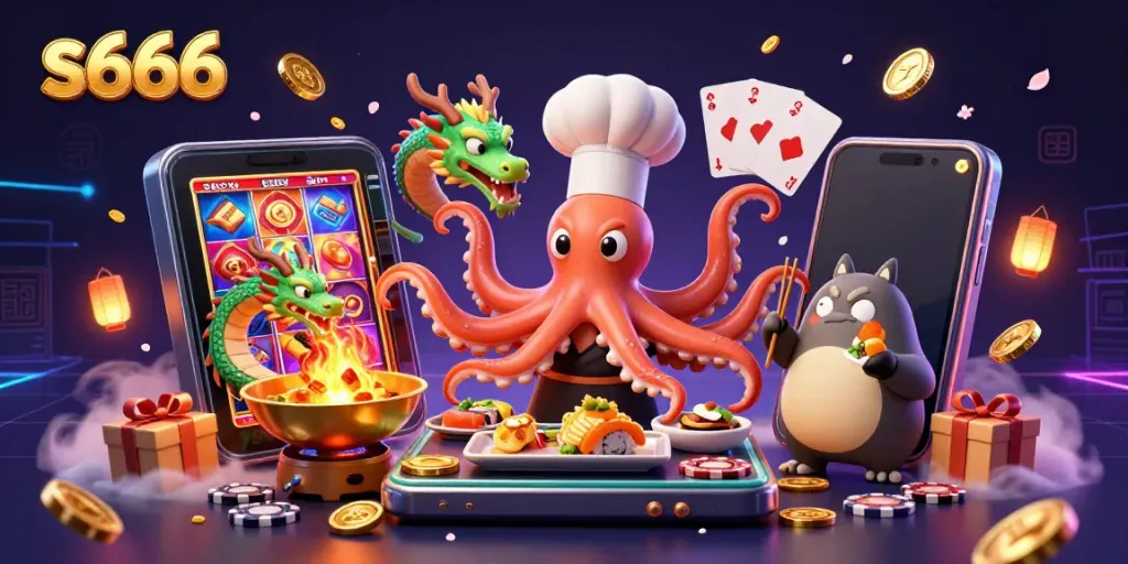 S666 casino illustration featuring an octopus chef, dragon, and tanuki surrounded by vibrant gaming elements.