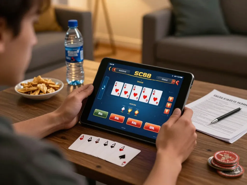 Engaging with SC88 poker game interface on tablet in a cozy home gaming setup, promoting responsible gambling