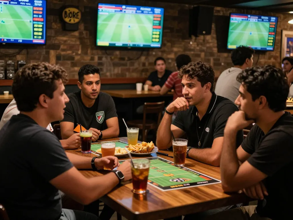 Bóng đá Bet168 sports betting scene in a lively bar with fans placing bets and cheering.