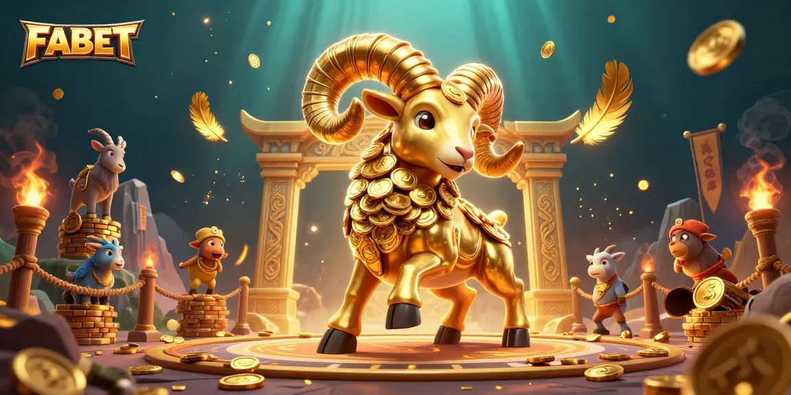 Engage with FABET's thrilling betting experience through a 3D illustration of a golden ram charging at a casino gate.