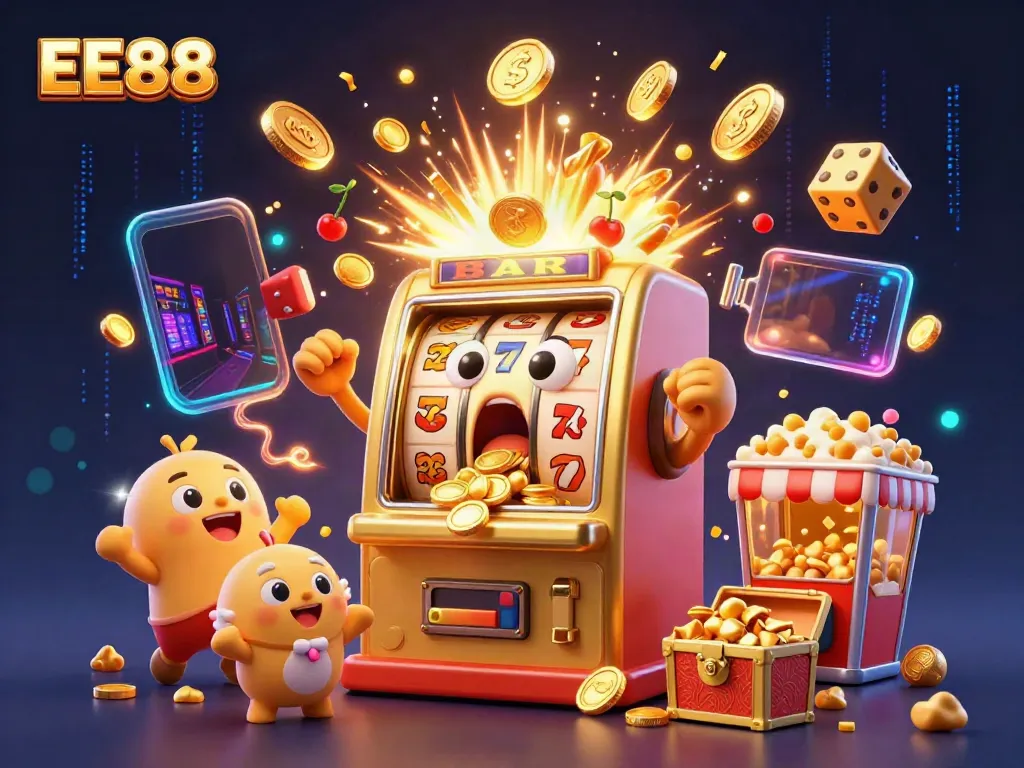 Experience the excitement of EE88 with a playful golden slot machine hitting a jackpot amidst cheerful characters.