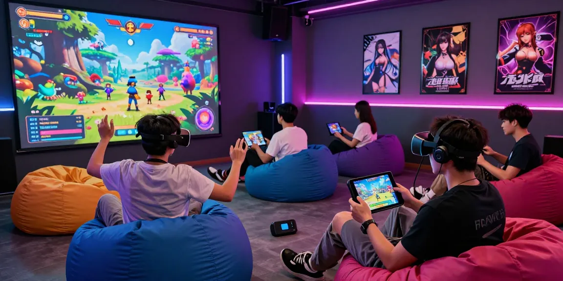 Players enjoying immersive hentai games online in a colorful gaming lounge.