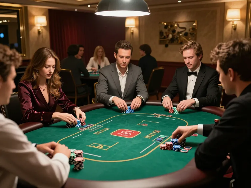 33WIN players strategizing during an intense poker game in a luxury setting.