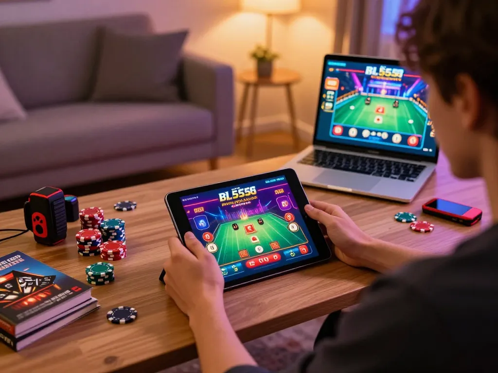 Engaging with BL555.COM casino app on tablet, enjoying a vibrant online gaming experience.