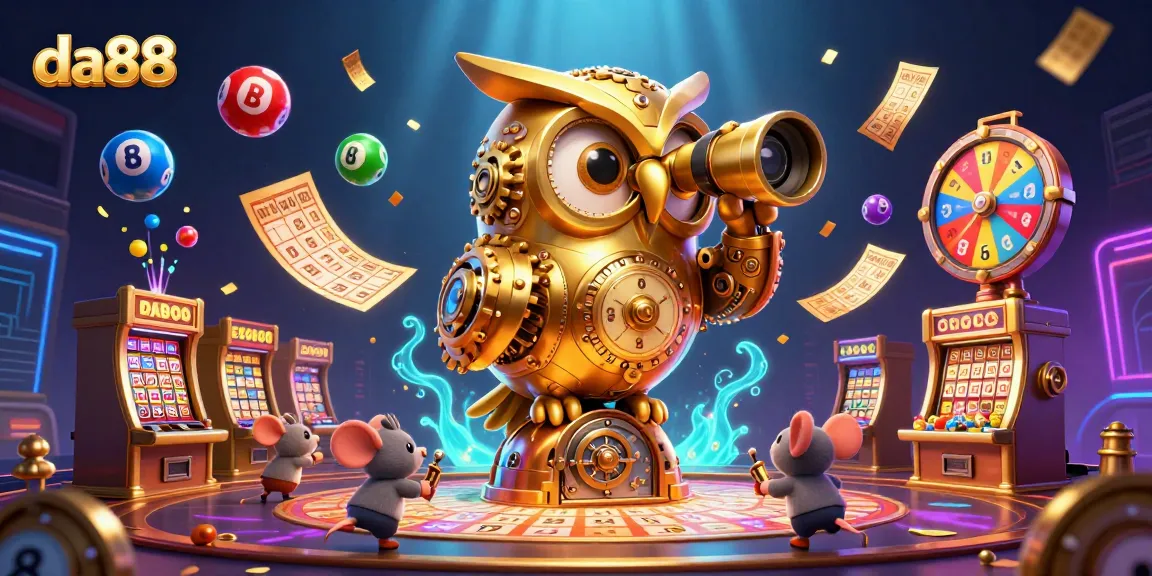 da88 showcases a lively 3D casino scene with a golden owl and dynamic lottery elements