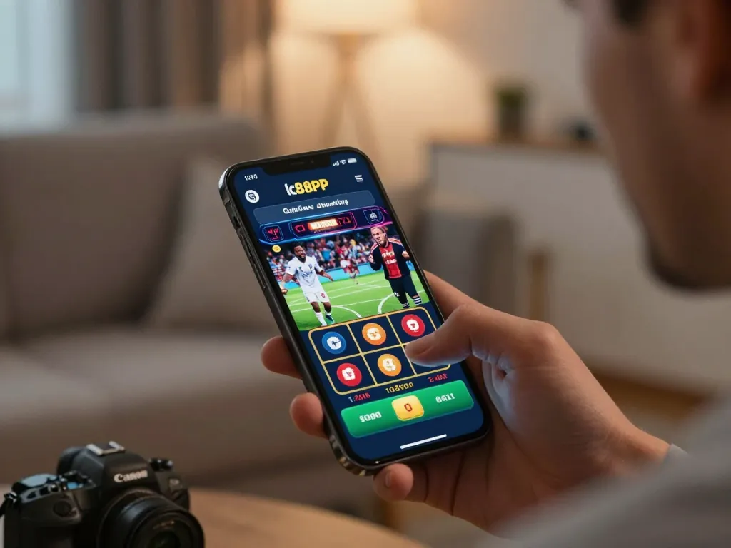 Engaged player placing bets on lc88app mobile casino during sports event in cozy living room