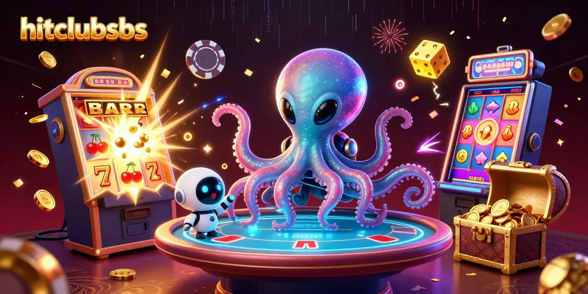 Experience thrilling gameplay with hitclubsbs' vibrant alien octopus and robot in a dynamic casino scene.