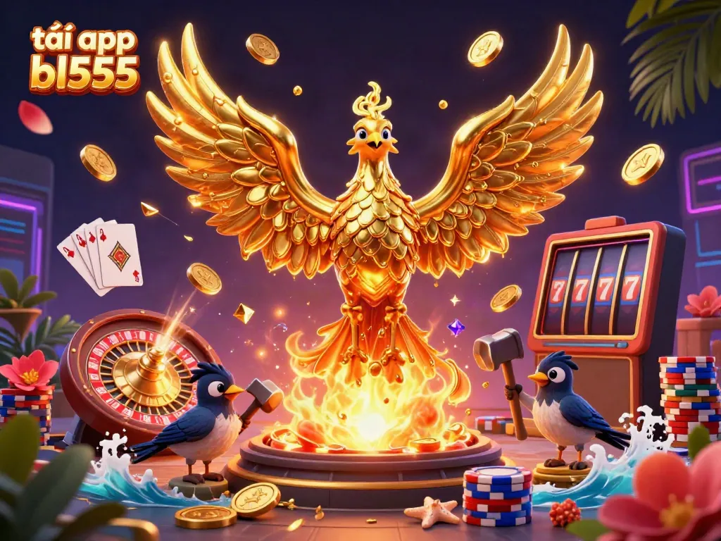 Experience the excitement of tải app bl555 with a stunning 3D phoenix and casino elements in action.