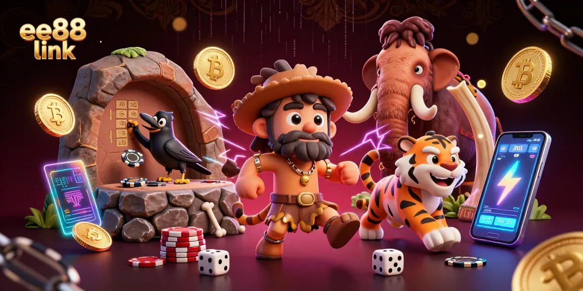 Experience thrilling gambling action at ee88 link with a prehistoric casino setup featuring engaging characters and crypto elements.