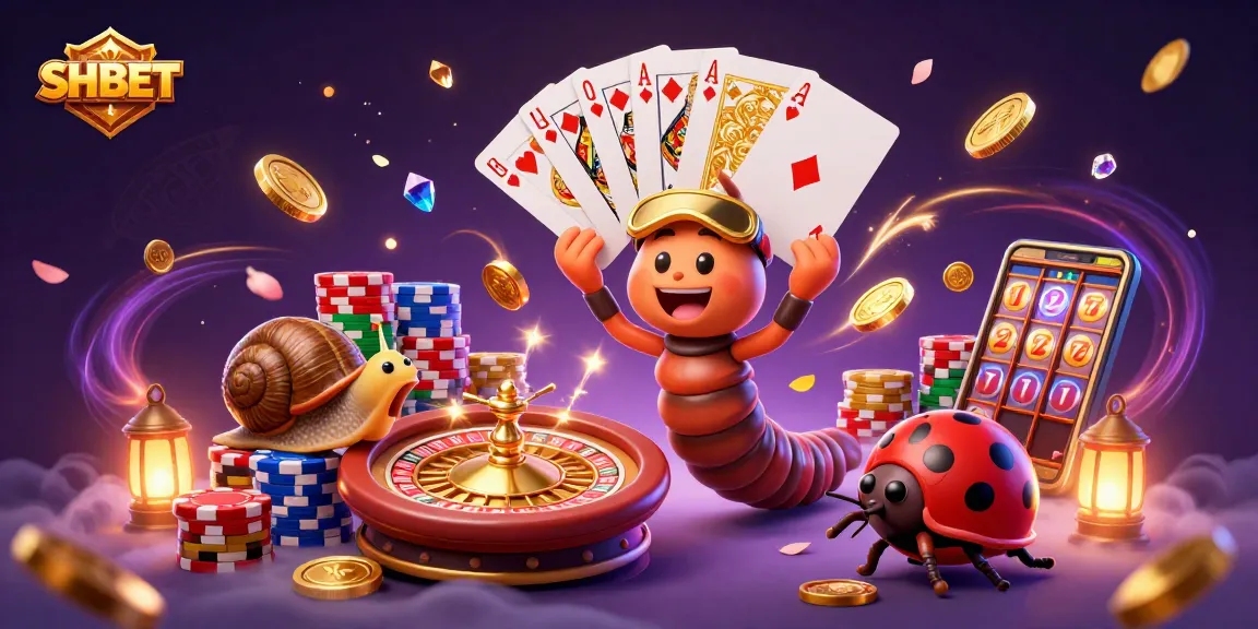 Play exciting games at SHBET casino, featuring a whimsical millipede dealer surrounded by vibrant chips and cards.