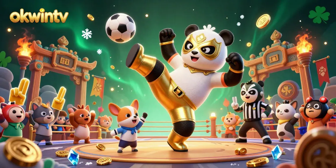 Betting on sports with OKWINTV: panda wrestler kicks off action in vibrant illustration.