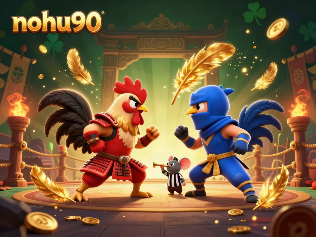 Experience thrilling gameplay with nohu90 featuring intense rooster battles in a rich casino scene.