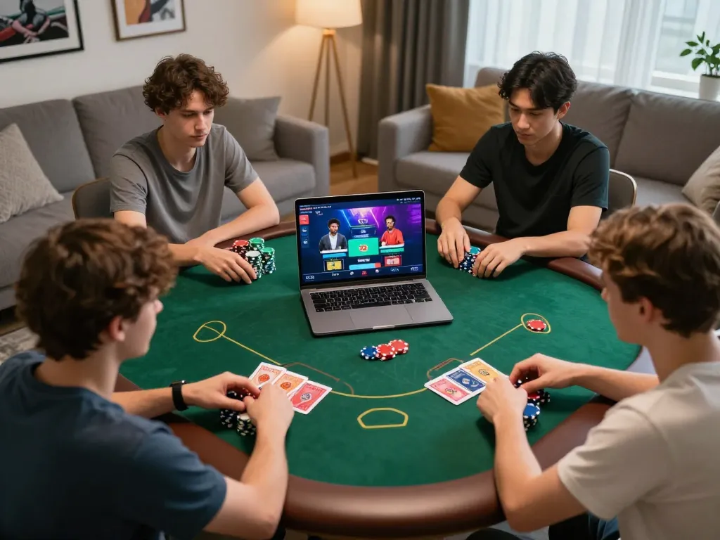 Players engaging in an online poker game on their laptops, showcasing LV88's vibrant atmosphere.