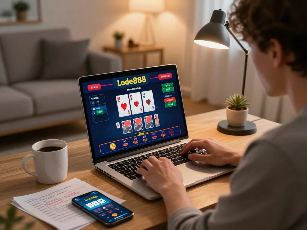 Playing lode888 online with live dealer games on a laptop at home, surrounded by strategy notes and a cozy atmosphere