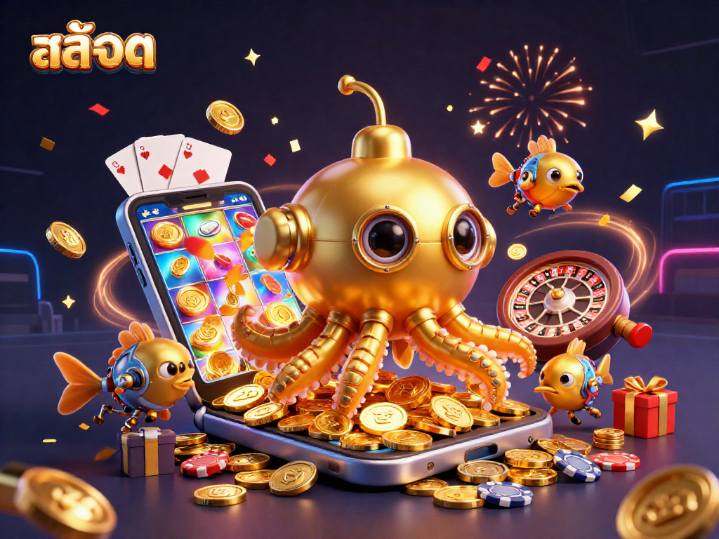Engage in exciting สล็อต gameplay, featuring a golden kraken submarine surrounded by vibrant casino elements.