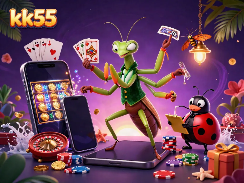 Experience thrilling gameplay with kk55 as giant mantis and ladybug characters create excitement in a vibrant casino scene.