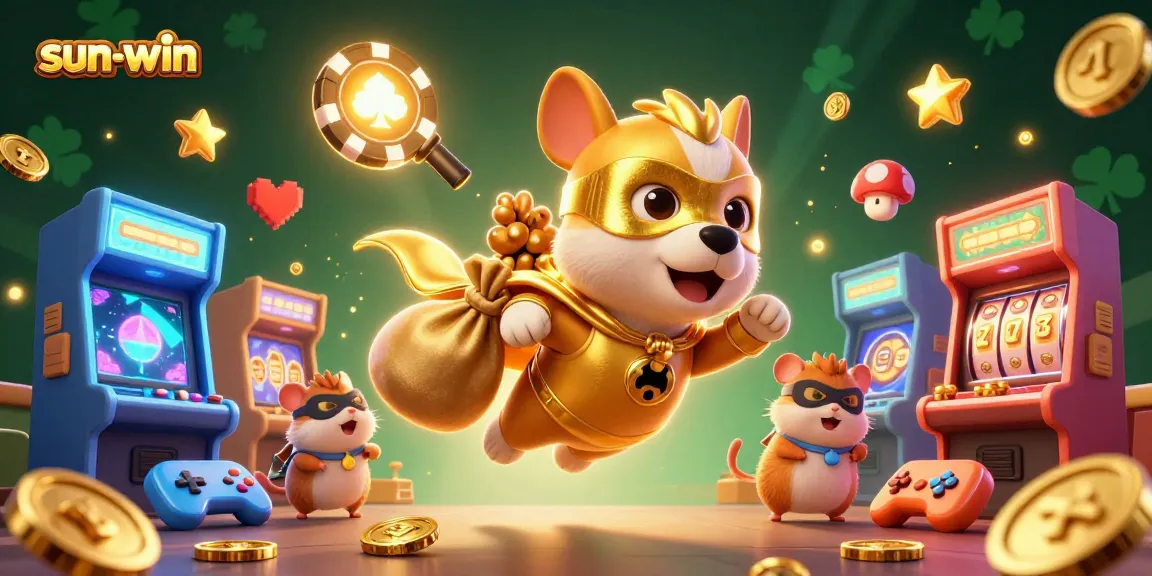 Experience sun-win excitement with cartoon heroes flying over a vibrant casino scene filled with games and gold.