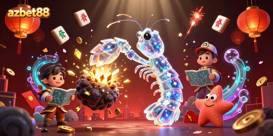 azbet88's galactic samurai mantis shrimp conquers an asteroid bursting with treasures, immersed in a vibrant casino adventure.