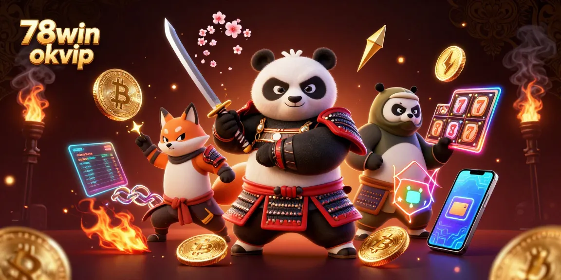 Engage with 78win okvip in a vibrant casino scene featuring samurai panda and ninja fox.