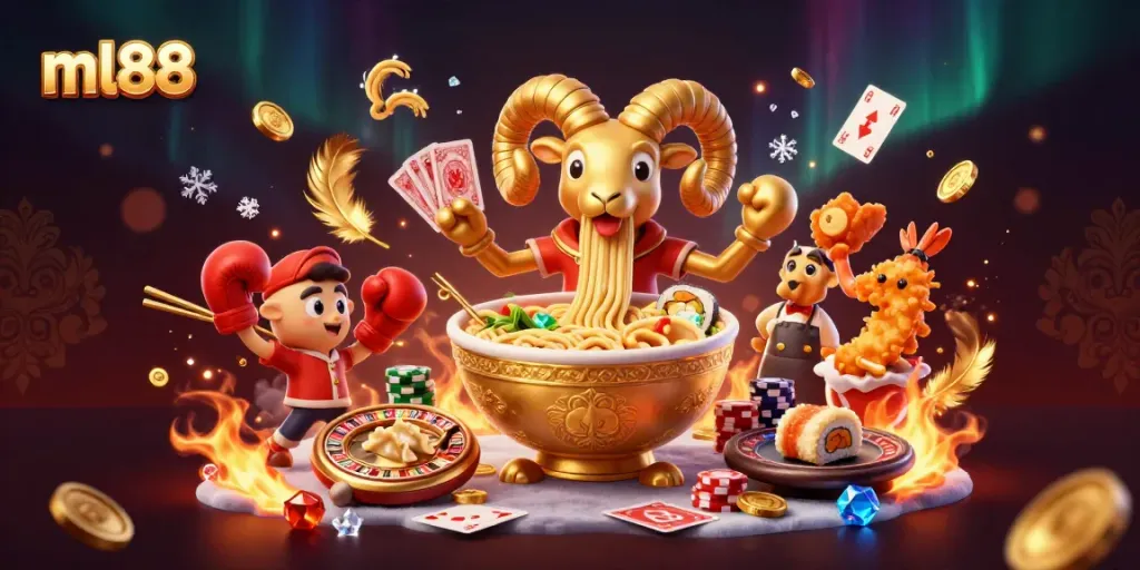Play and win at ML88 with a dynamic casino scene featuring animated characters and exciting gaming elements.