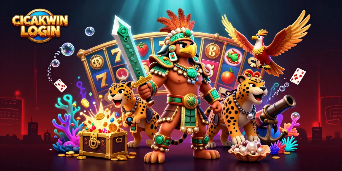 Spin to win with CICAKWIN LOGIN as Aztec warriors surround dynamic slot action and treasures.