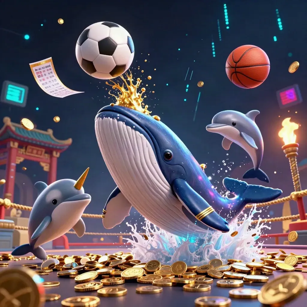 Whale captain, narwhal, and dolphins burst through coins amid neon casino sports chaos.