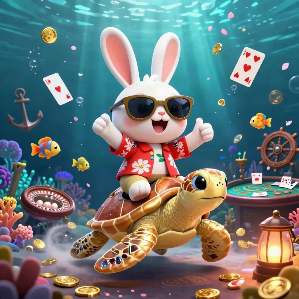 Lucky rabbit rides a jeweled sea turtle through a glowing underwater casino treasure cove.