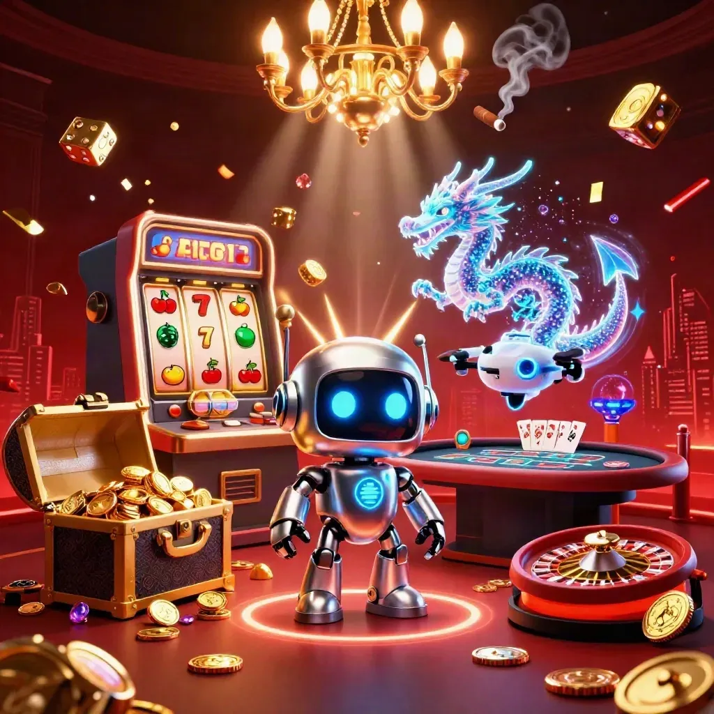 Cyberpunk robot, holographic dragon, drone, slot burst, roulette spin, red-gold casino glow.