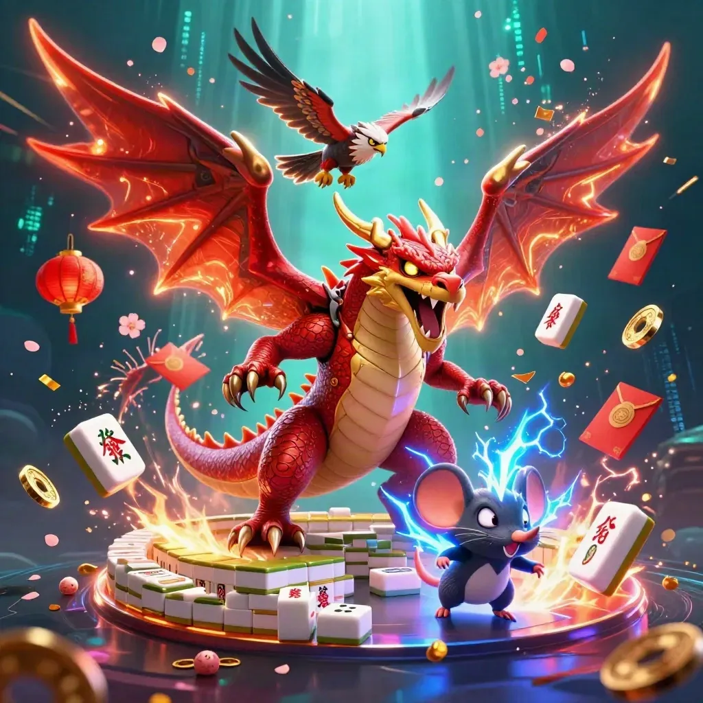 Thunder dragon, hawk, and mouse amid casino treasures, neon energy, and underwater glow.
