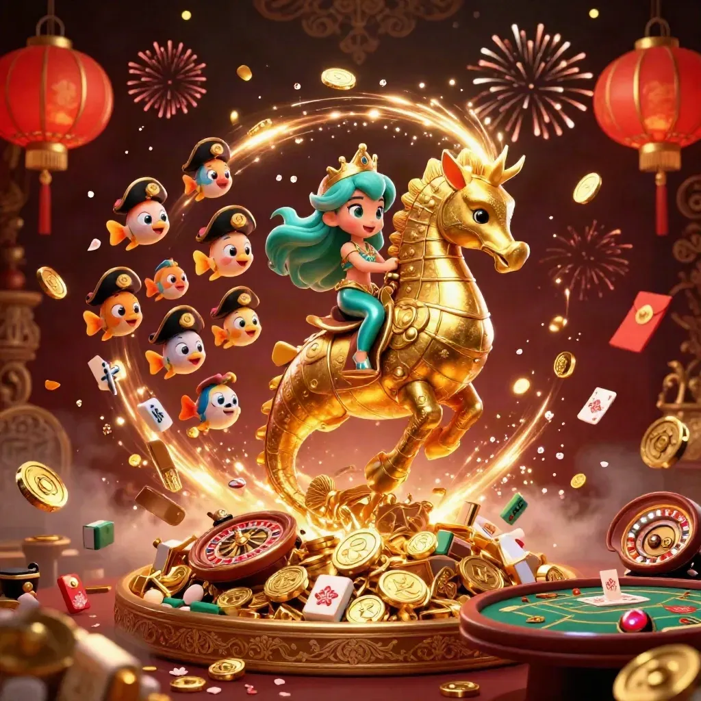 Mermaid princess rides a golden seahorse amid coins, fireworks, lanterns, and casino treasures.