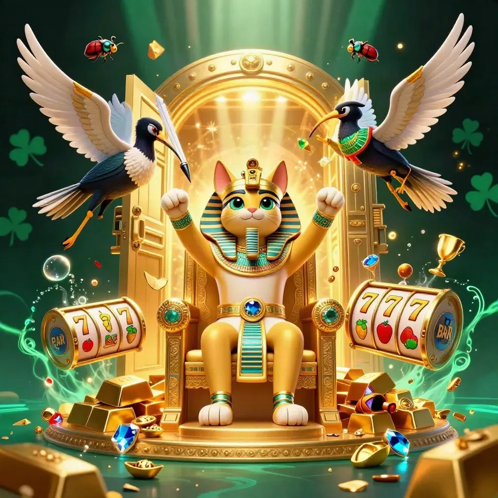 Pharaoh cat on throne with scribe, scarabs, vault blast, gold, gems, and slot symbols.