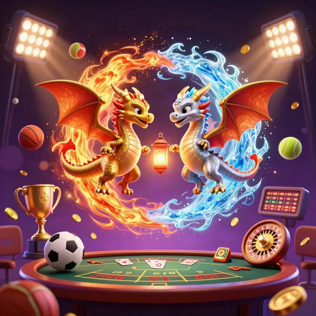 Twin gold and silver dragons swirl in a neon casino fantasy with balls, coins, and a trophy.