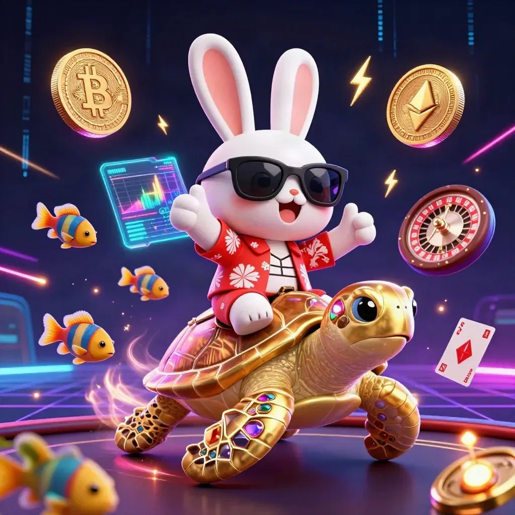 Lucky rabbit on golden turtle with casino coins, cards, neon lightning, and a glowing roulette wheel