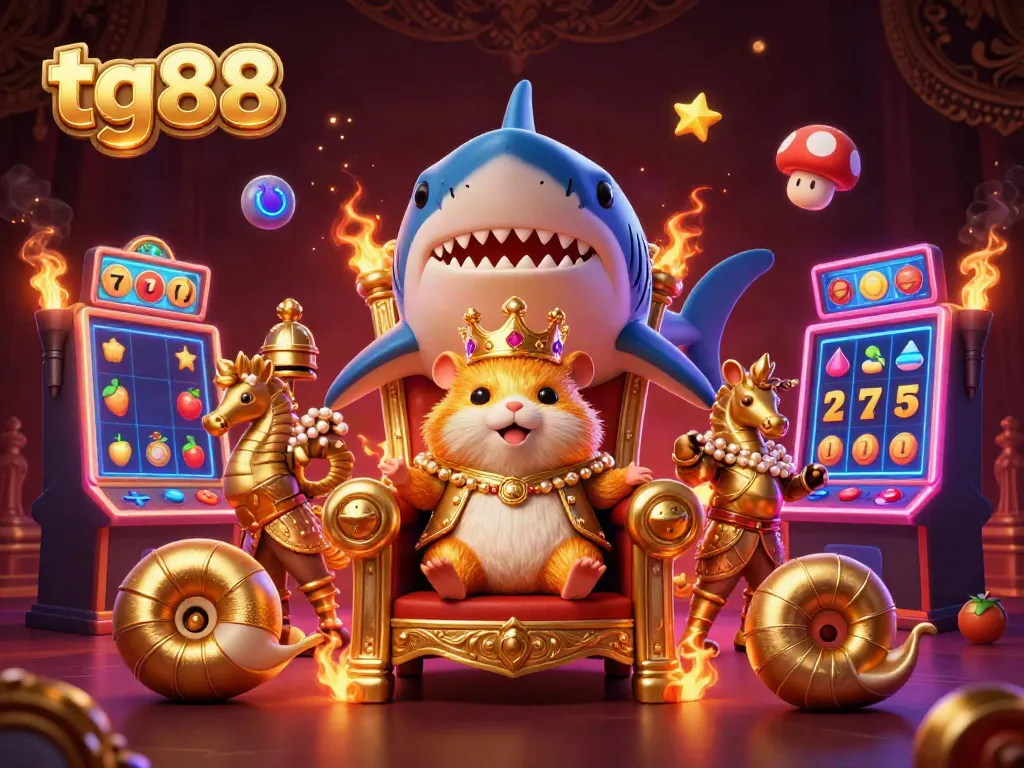 Engage in thrilling slots at tg88 with a golden hamster king, vibrant arcade elements, and a dynamic casino backdrop.