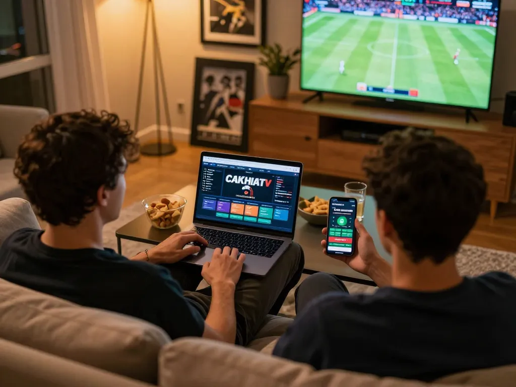 Person engaging in sports betting on CAKHIATV with a cozy living room setup.