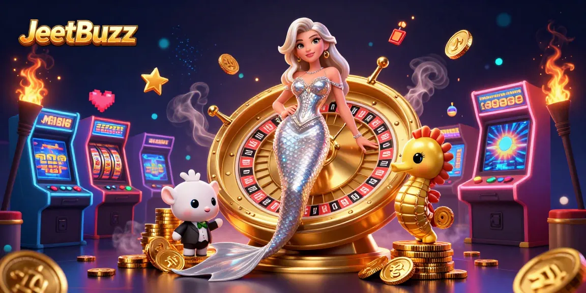 Engage in thrilling gameplay at JeetBuzz with vibrant slot reels and dynamic gaming characters.