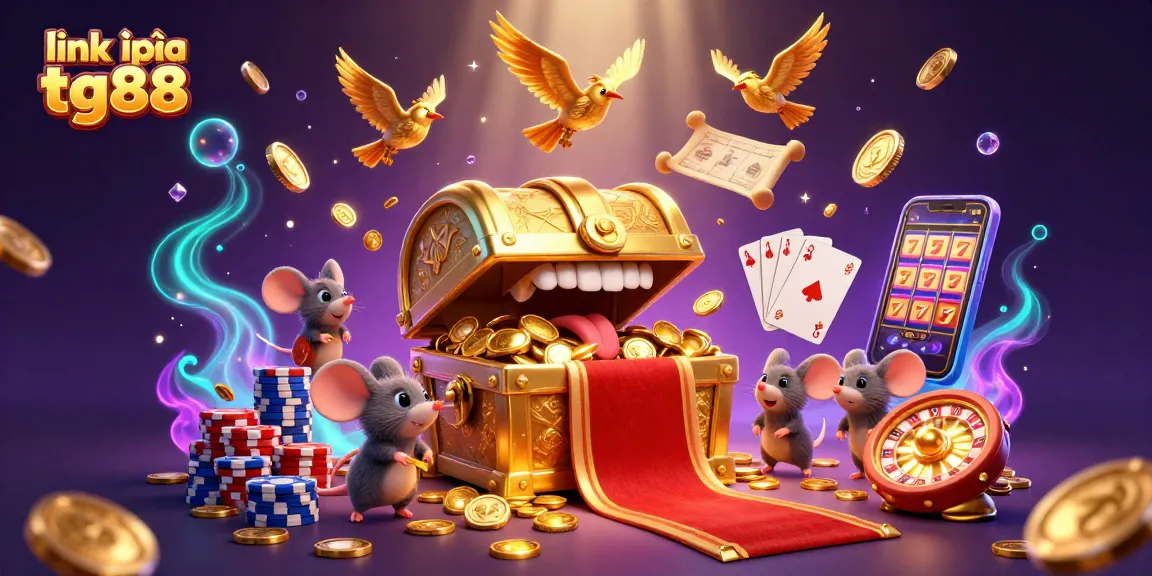 Win big with link vào tg88, featuring a treasure chest and dynamic casino elements in vibrant 3D illustration.